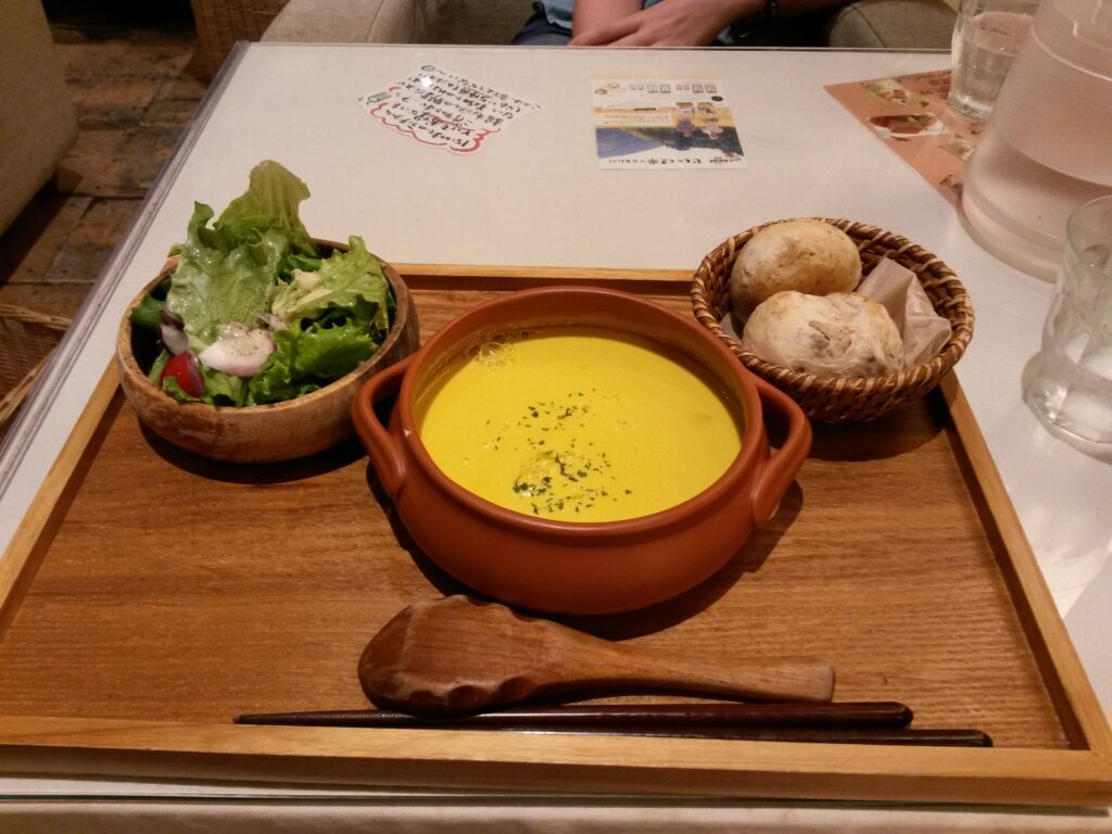 Dinner in Japan, soup, bread, salad in Kyoto